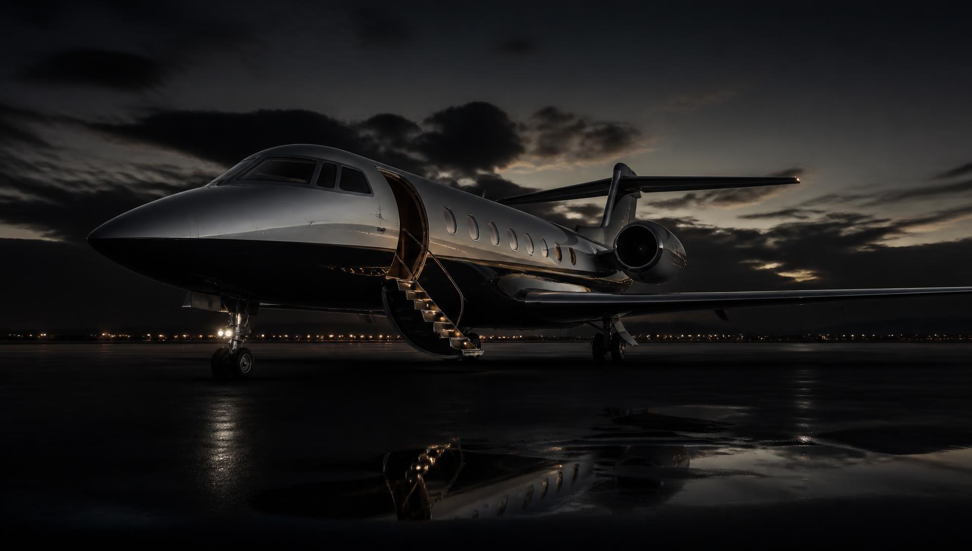 Private jet on a dark tarmac at dusk