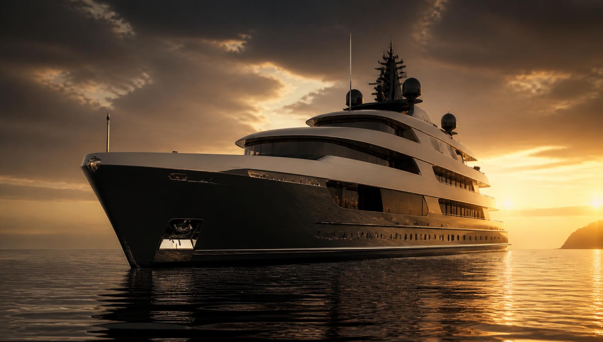 Superyacht at anchor at golden hour on open sea