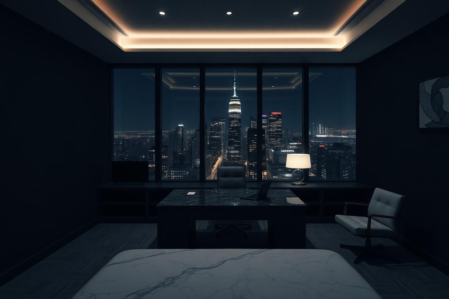 Private office interior at night overlooking a city skyline